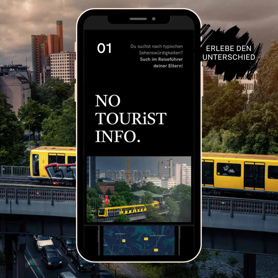 Berlin Insider Stadtführer geöffnet auf einem Smartphone. Im Hintergrund urbane Szene aus Berlin mit Bahn.