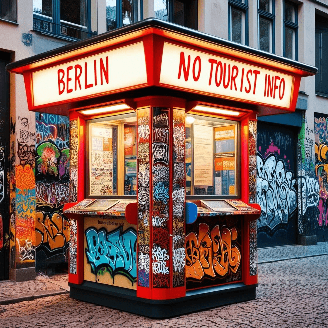 authentischer Stadtführer mit der Aufschrift ‚Berlin – No Tourist Info‘, umgeben von Graffiti in einer urbanen Berliner Seitenstraße.
