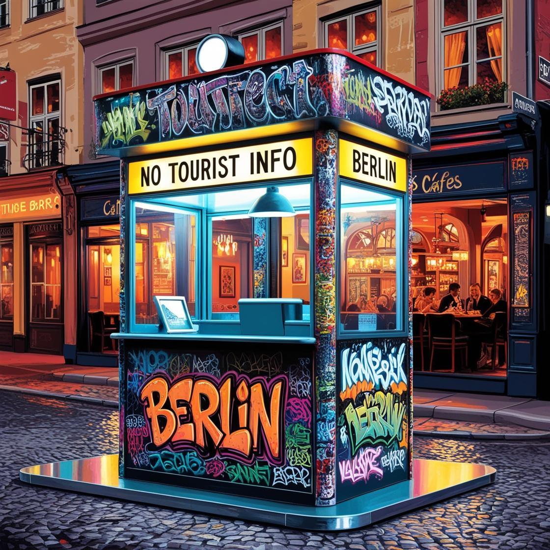 Urbane Strassenszene in Berlin mit einem no-tourist-info Graffiti.