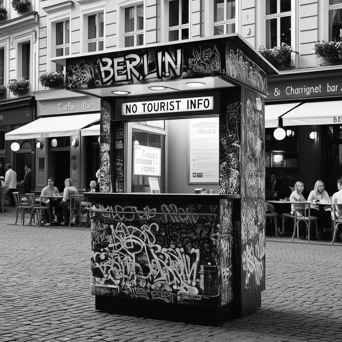 Informationsstand mit der Aufschrift: "Berlin - No tourist info" in schwarz-weiß.