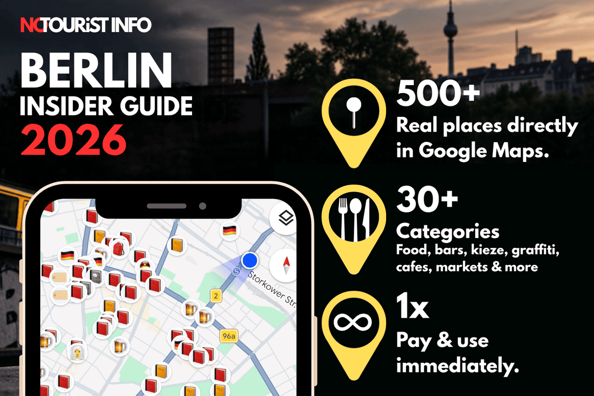 Screenshot from the guide, with the bustling Berlin scene in the neighborhood in the background