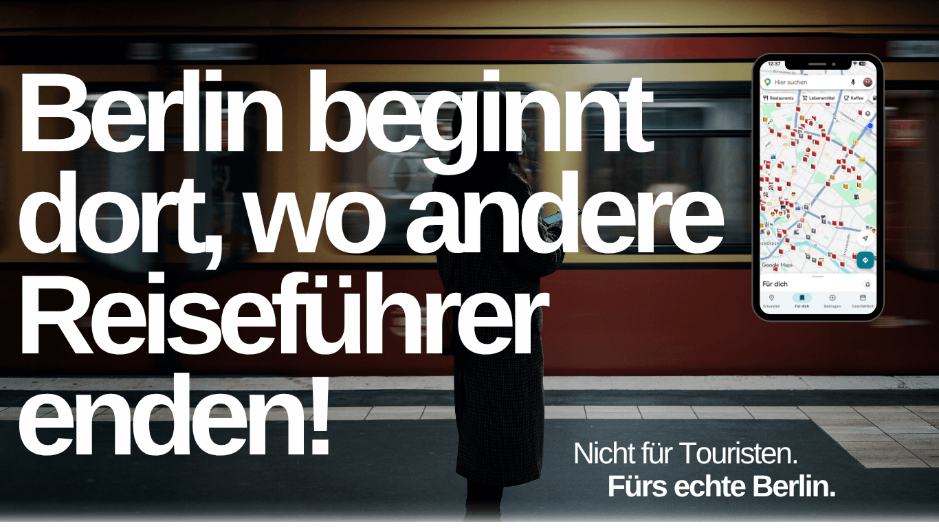 Digitaler Berlin Guide von no tourist info und Schriftzug "No Tourist Info ist dein digitaler Guide mit authentischen Berlin Insider Tipps, Kein Massentourismus. ✓ Keine leeren Versprechen. ✓ Keine hippen Klischees"