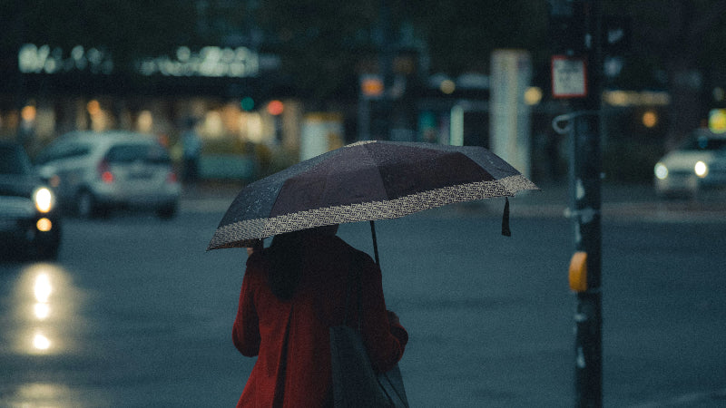 Frau mit Regenschirm an einer Straßenkreuzung mit Ampel in Berlin