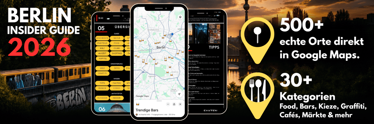 Berliner Szene mit U-Bahn und Berliner Skyline mit Screenshoot vom Berlin Insider Guide