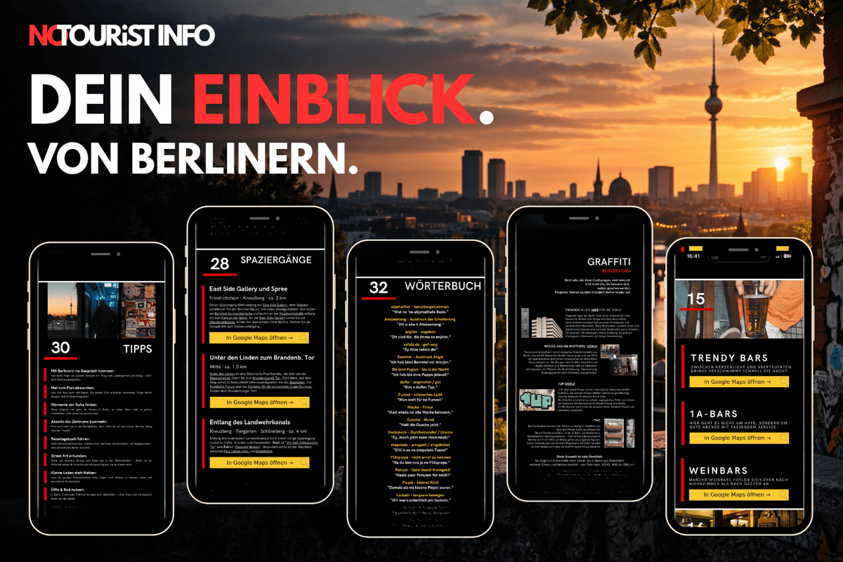 Einblick in alle Kapitel und Übersicht, was alles im Guide enthalten ist. Im Hintergrund berliner Sonnenuntergang. 