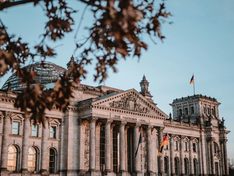 Fassade den Berliner Reichstags mit Baum im Vordergrund. 