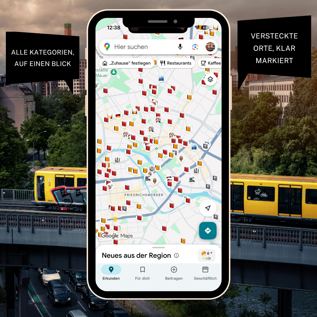 Kategorien aus dem Berlin Insider Guide 2026 auf einem Handy. Im Hintergrund Skyline von Berlin und eine U-Bahn auf einer Brücke