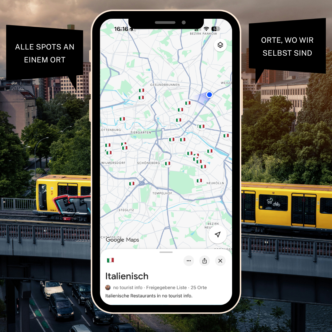 Screenshot auf einem Mobiltelefon mit italienischen Restaurants. Im Hintergrund eine berliner U-Bahn.