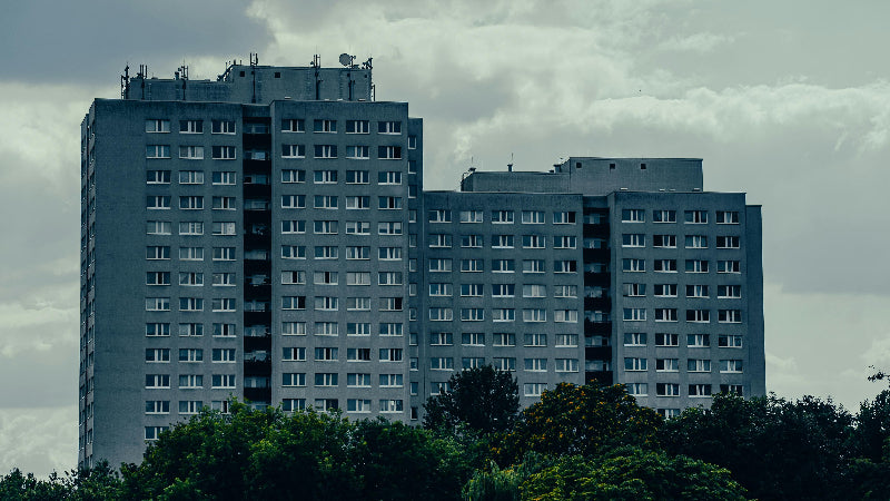 Plattenbau in Berlin Mitte mit Bäumen im Vordergrund. 