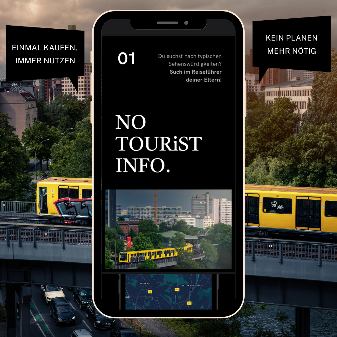 Foto vom Berlin Insider Guide 2026 auf einem Handy. Im Hintergrund Skyline von Berlin.