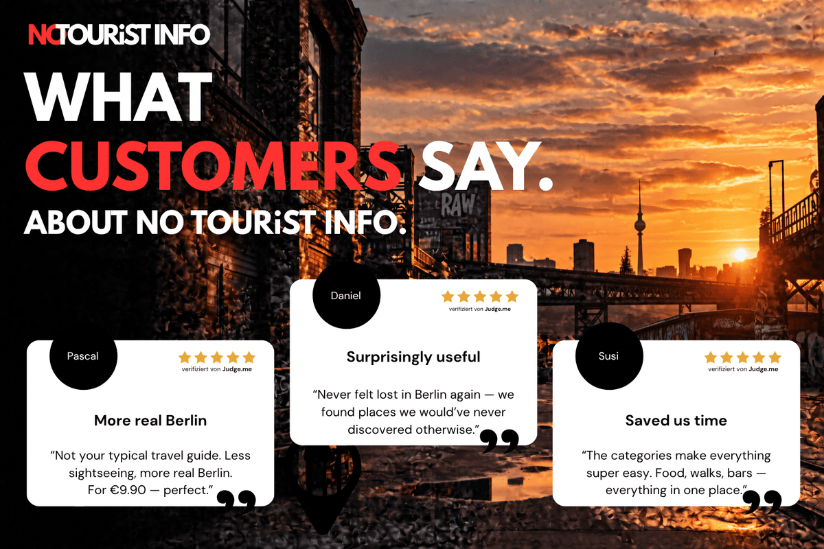 3 reviews with stars and names, with Berlin's RAW complex in the background. 