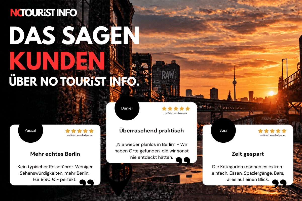 3 Bewertungen mit Sternen und Namen und im Hintergrund Berlins RAW-Gelände. 