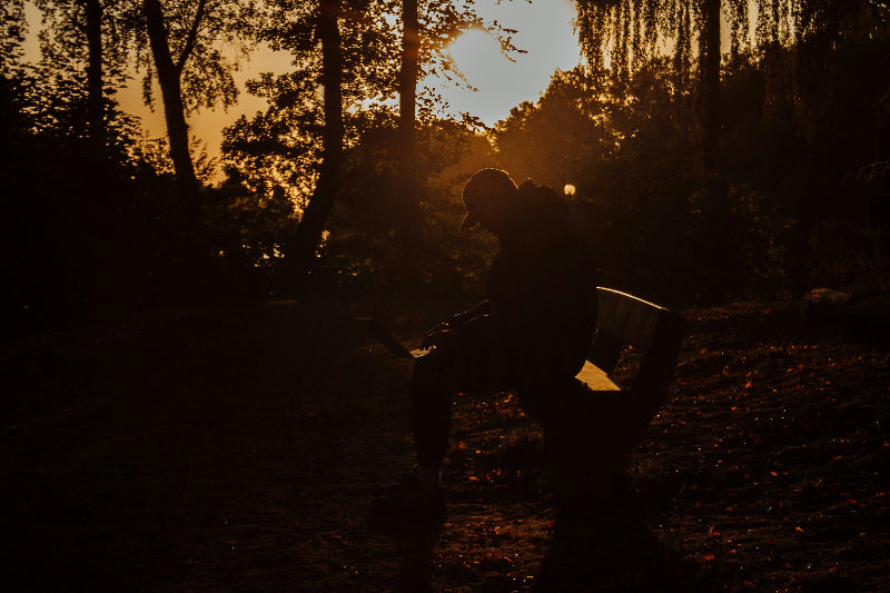 Foto von einer Person in einem Wald, wo die Sonnenstrahlen durch die Bäume scheinen. 