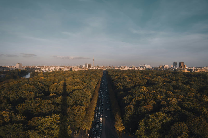 berliner Tiergarten von oben mit vielen Bäumen und Straße des 17. Juni. 