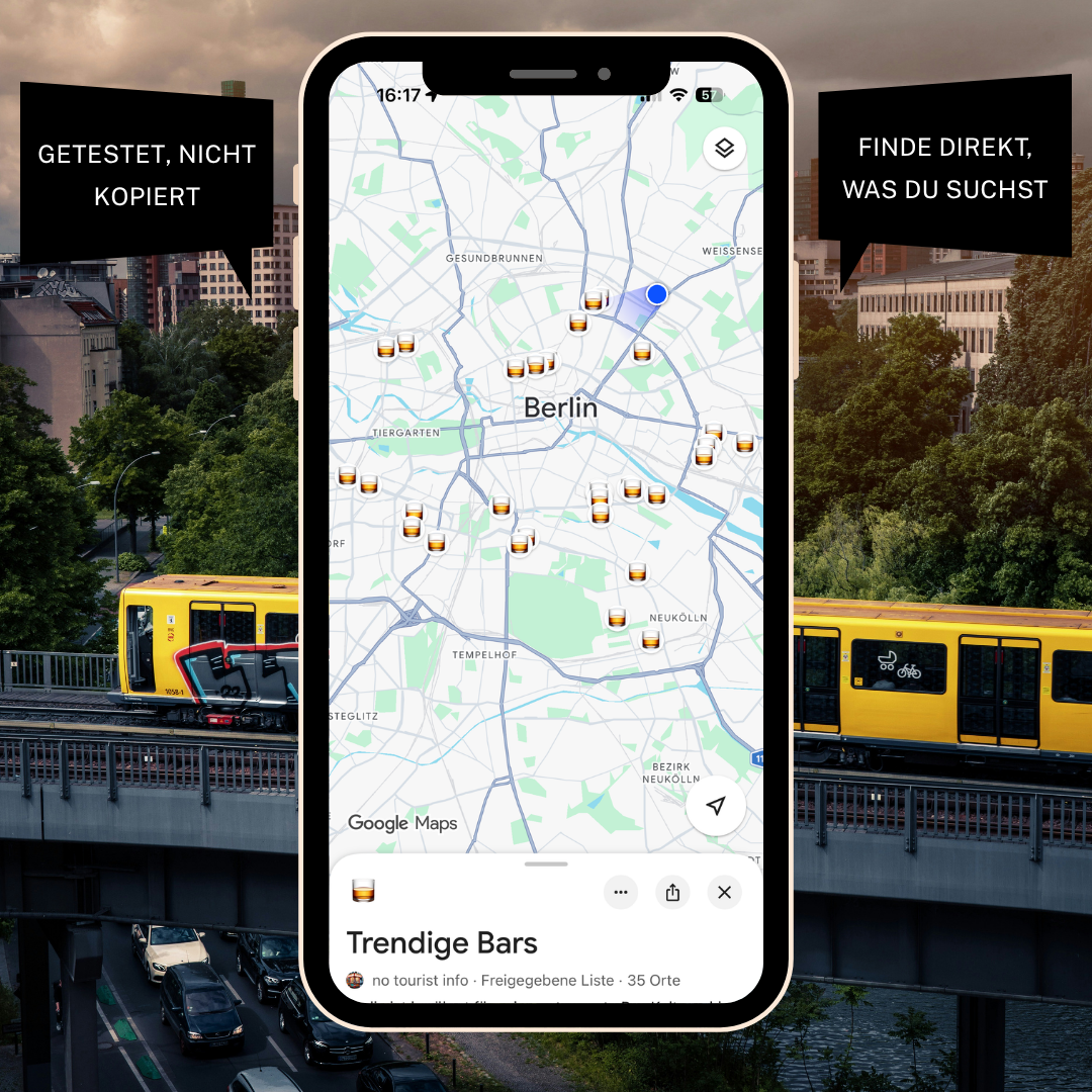 Bars aus dem Berlin Insider Guide 2026 auf einem Handy. Im Hintergrund Skyline von Berlin und Graffiti.