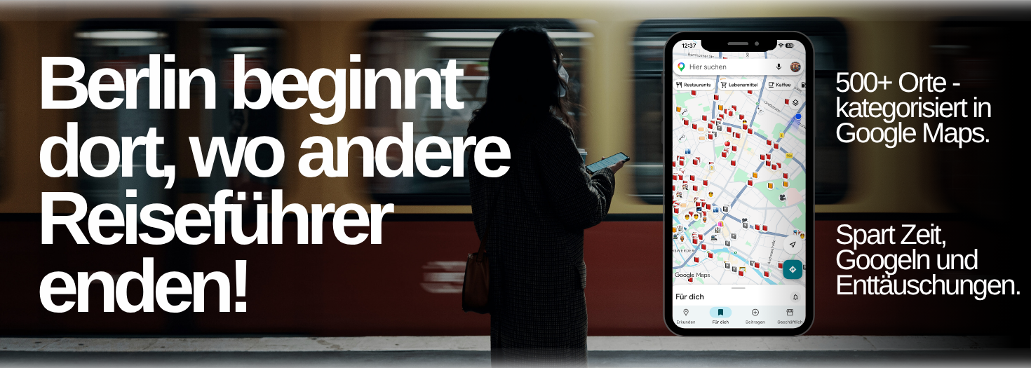 Digitaler Berlin Guide von no tourist info und Schriftzug "No Tourist Info ist dein digitaler Guide mit authentischen Berlin Insider Tipps, Kein Massentourismus. ✓ Keine leeren Versprechen. ✓ Keine hippen Klischees"