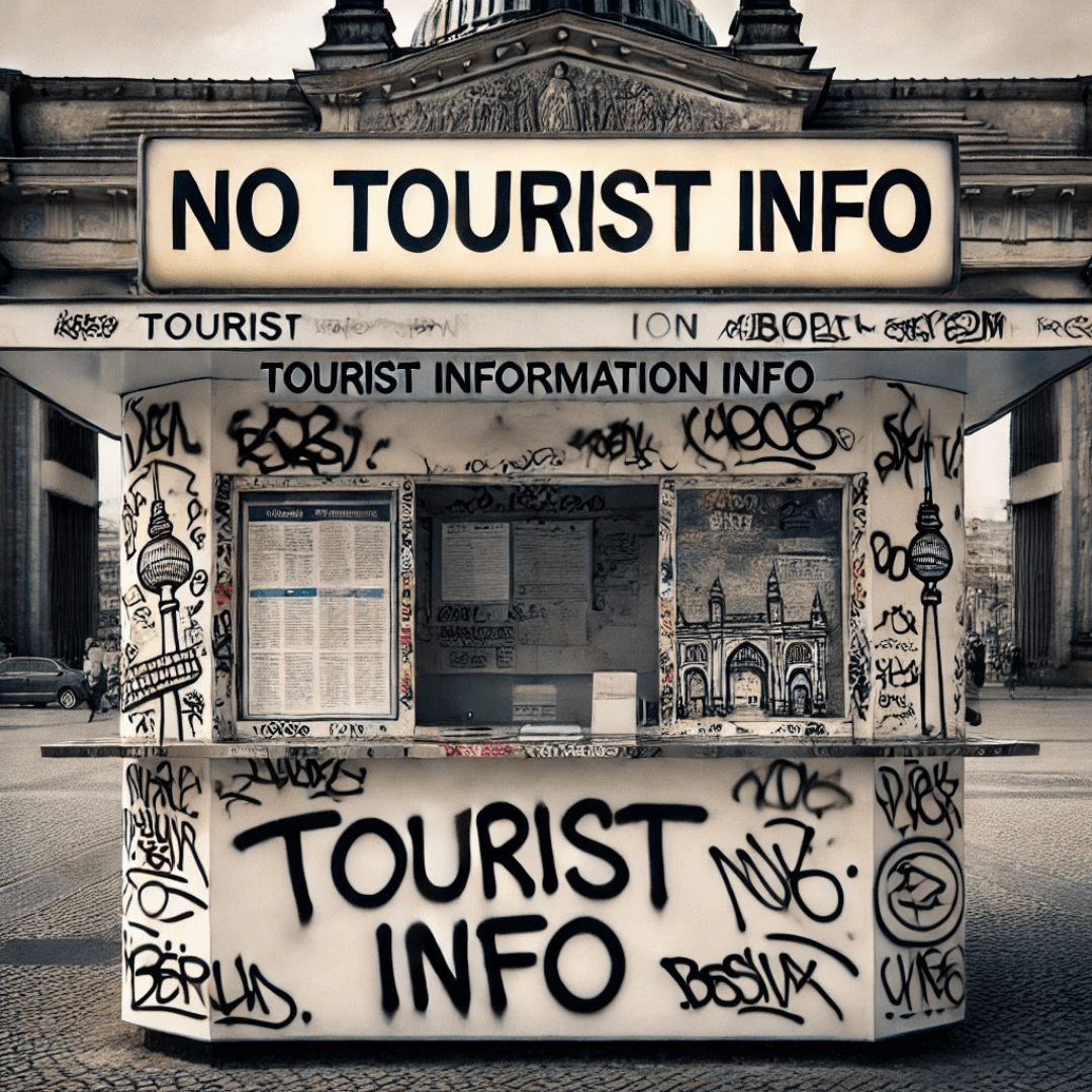 no-tourist-info-Stand vor dem Brandenburger Tor in schwarz-weiss. 