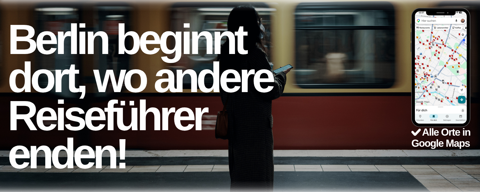 Digitaler Berlin Guide von no tourist info und Schriftzug "No Tourist Info ist dein digitaler Guide mit authentischen Berlin Insider Tipps, Kein Massentourismus. ✓ Keine leeren Versprechen. ✓ Keine hippen Klischees"